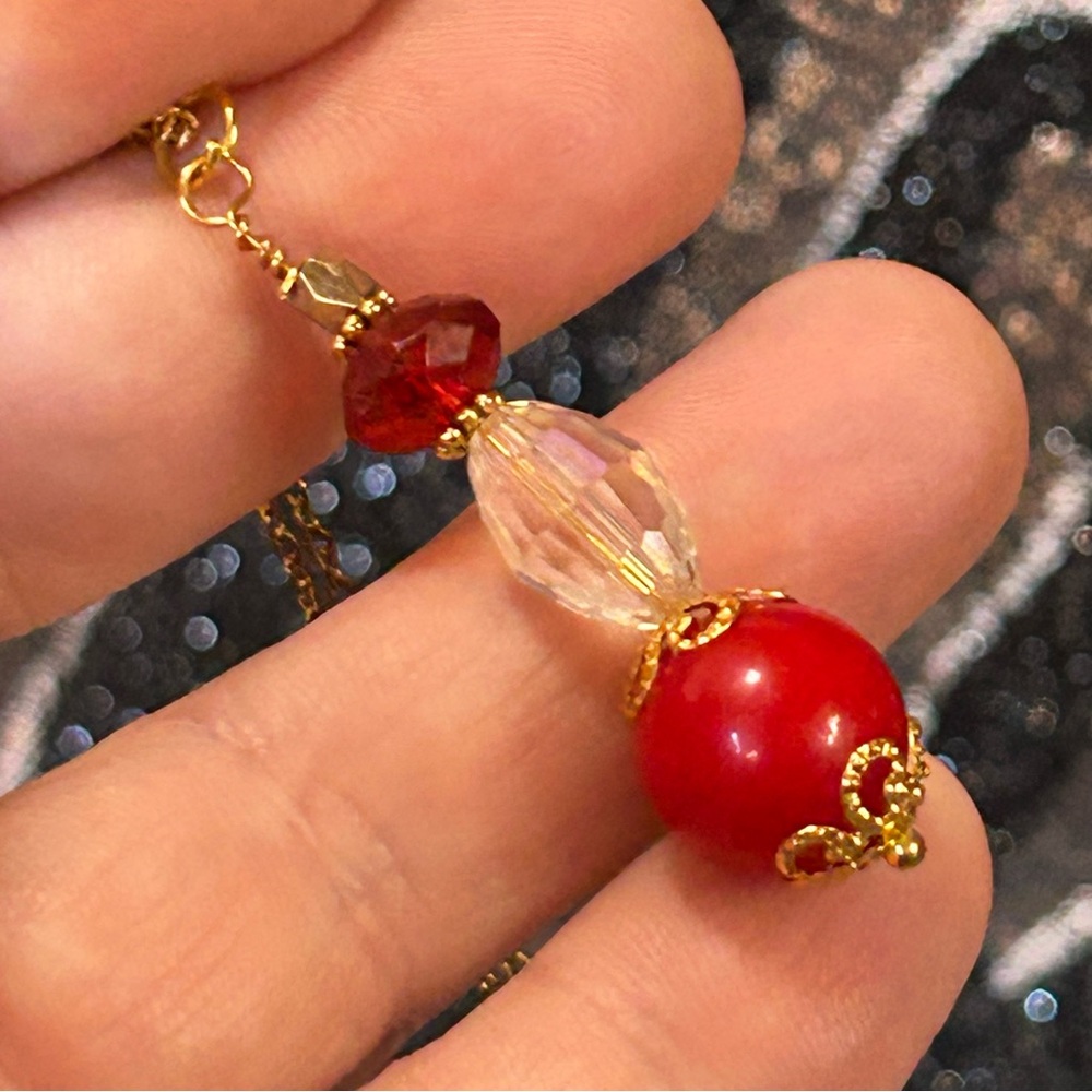 Handcrafted vintage bead crystal drop pendant on chain necklace